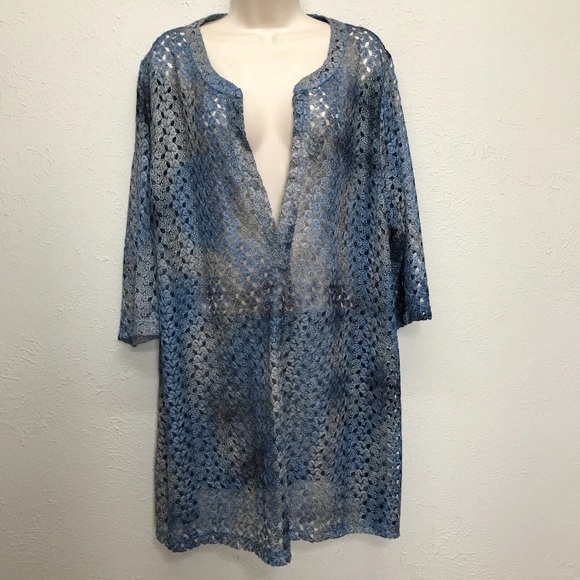Catherines Tops - Catherines Blue Gray Crochet Tunic Open Weave Topper Size 1X Pullover 3/4 Sleeve